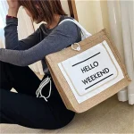Women Color Blocking Letter Printed Woven Tote Bag - Image 4