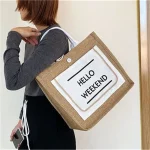 Women Color Blocking Letter Printed Woven Tote Bag - Image 5