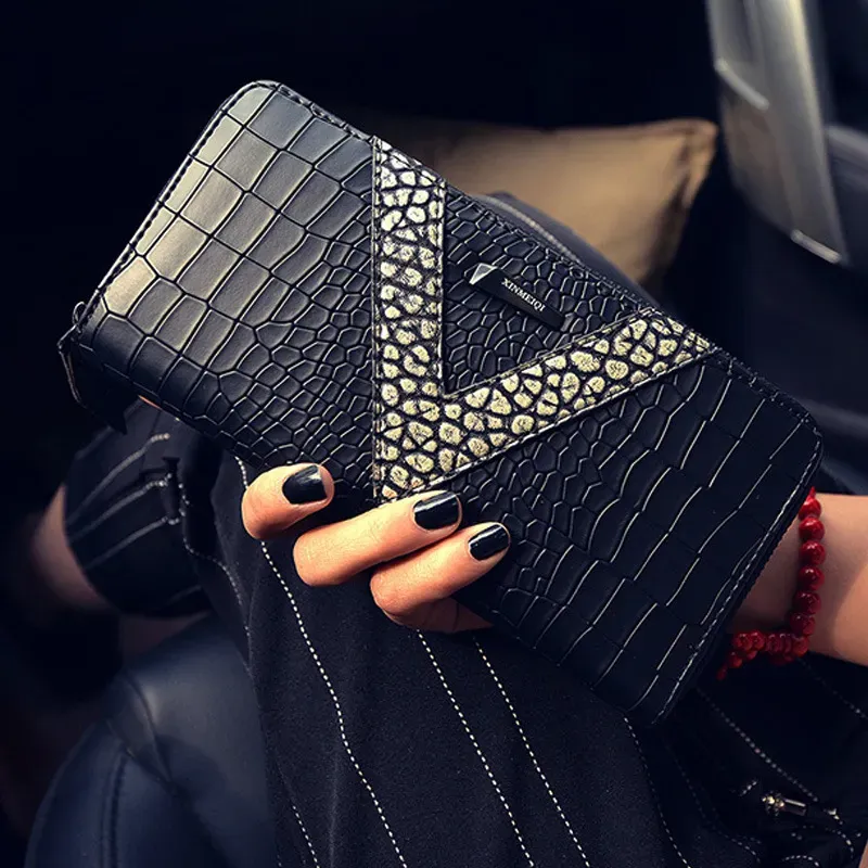 T1035C9A85_118428.webp Women Fashion Color Blocking Crocodile Grain Long Wallet PU Purse - Image 1