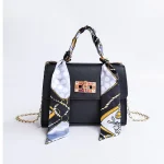 Women Elegant Flap Buckle Design Silk Scarf Decoration Solid Color PU Crossbody Bag - Image 8