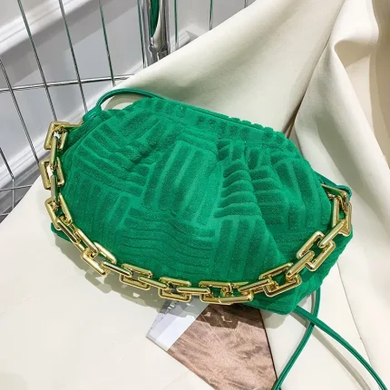 Women Casual Thick Chain Crease Design Solid Color Soft Fabric Crossbody Clutch Bag