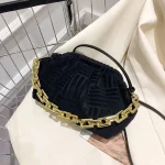 Women Casual Thick Chain Crease Design Solid Color Soft Fabric Crossbody Clutch Bag - Image 7