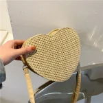 Women Creative Sweet Heart Shaped Weave Design Solid Color Straw Crossbody Bag - Image 5
