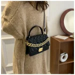 Women Casual Chain Design Rhombus Embossing Solid Color PU Crossbody Bag - Image 2