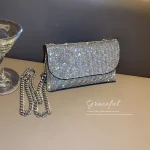 Women Sparkling Chic Rhinestone Decoration Flap Design Solid Color Evening Bag - Image 6