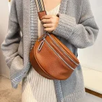 Women Fashion Double Layer Zipper Design Wide Straps Solid Color PU Chest Bag