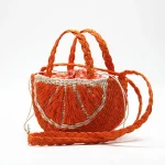Women Fashion Simple Watermelon Orange Shape One Shoulder Handle Woven Bag - Image 5