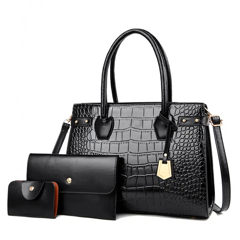 T1035F4D14_113663.webp 3 In 1 Women Fashion Crocodile Embossed Tote Bag Three Piece Set - Image 1
