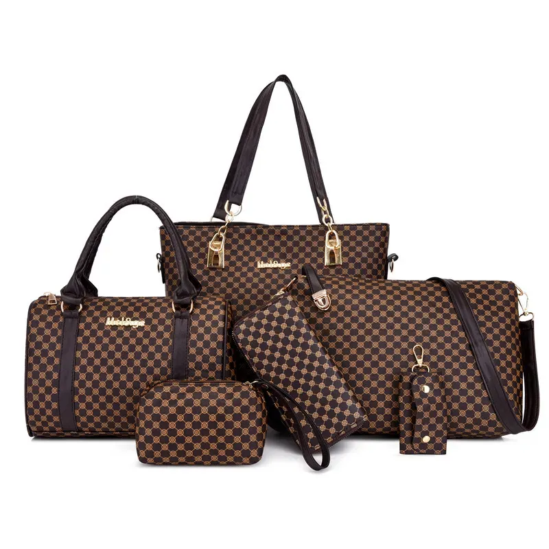 T1035F4D3A_113676.webp 6 In 1 Women Fashion Large-Capacity Plaid Printed Shoulder Bag Wallet Set - Image 1