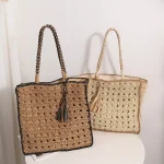 Women Fashion Square Tassel Straw Woven Vacation Hollow Out Handbag