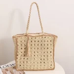 Women Fashion Square Tassel Straw Woven Vacation Hollow Out Handbag - Image 2