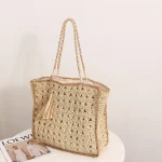 Women Fashion Square Tassel Straw Woven Vacation Hollow Out Handbag - Image 3