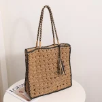 Women Fashion Square Tassel Straw Woven Vacation Hollow Out Handbag - Image 5