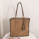 Women Fashion Square Tassel Straw Woven Vacation Hollow Out Handbag - Image 6