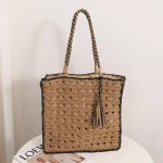Women Fashion Square Tassel Straw Woven Vacation Hollow Out Handbag - Image 8